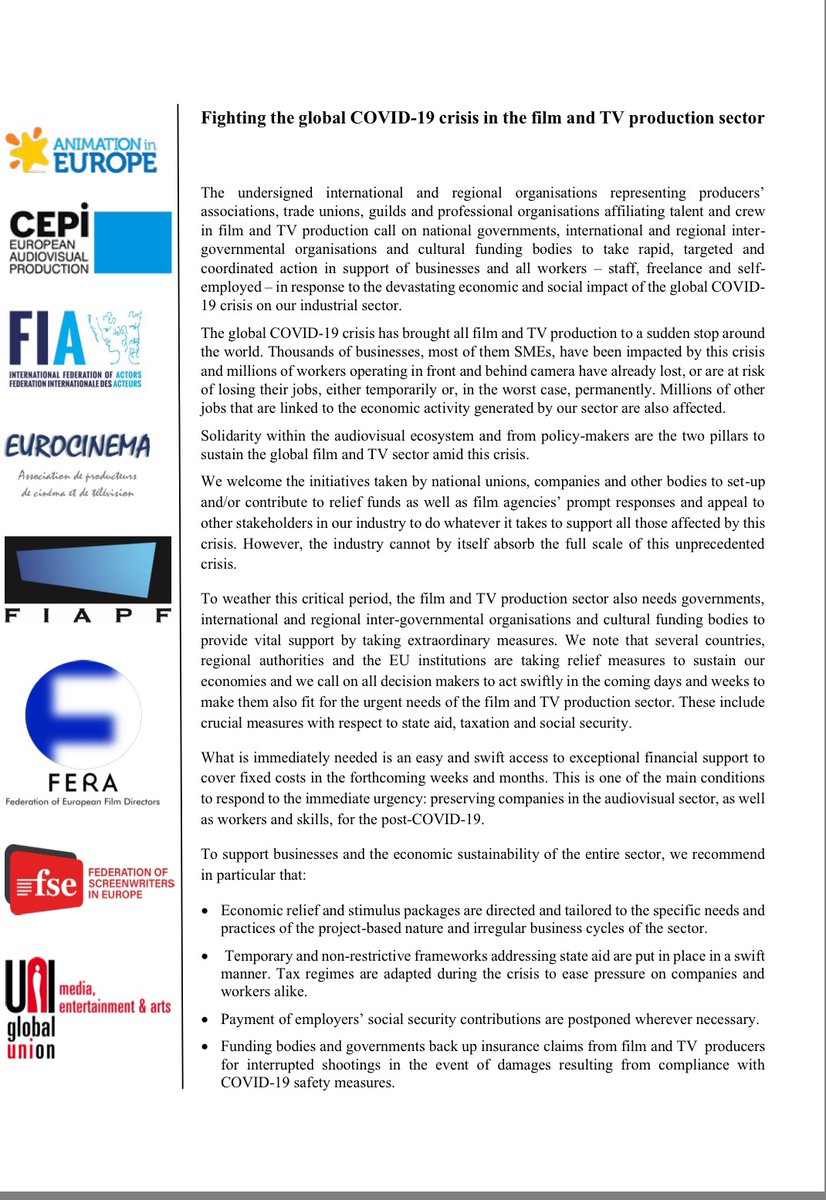 cepi_producers's tweet photo. After helpful and prompt responses by audiovisual and film funds, this NEW joint declaration is presenting  European and national decision-makers with targeted recommendations to minimize the economic, social and cultural impact of COVID-19. 
#COVID2019 #Filmmaking #audiovisual https://t.co/VJa7IwDnVi