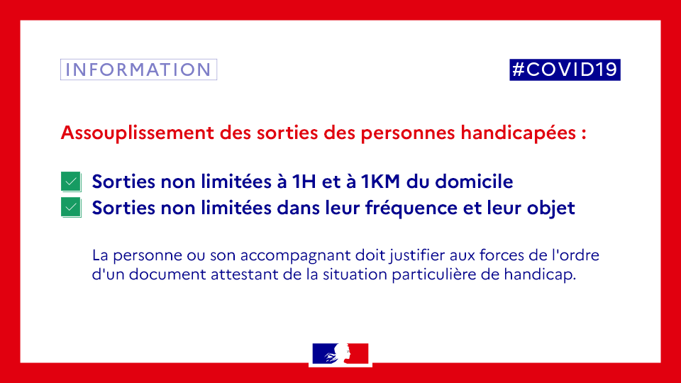 jam_asso's tweet photo. Situation de handicap et de leur accompagnant assouplies ✔

⚠ Cette mesure ne fait pas l'objet d'une attestation dédiée
• Remplissez toujours l'attestation dérogatoire de déplacement
• Respectez les gestes barrières

------------
En savoir ➕ : https://t.co/hYzPTHVwXv https://t.co/Gcw8TGC51J