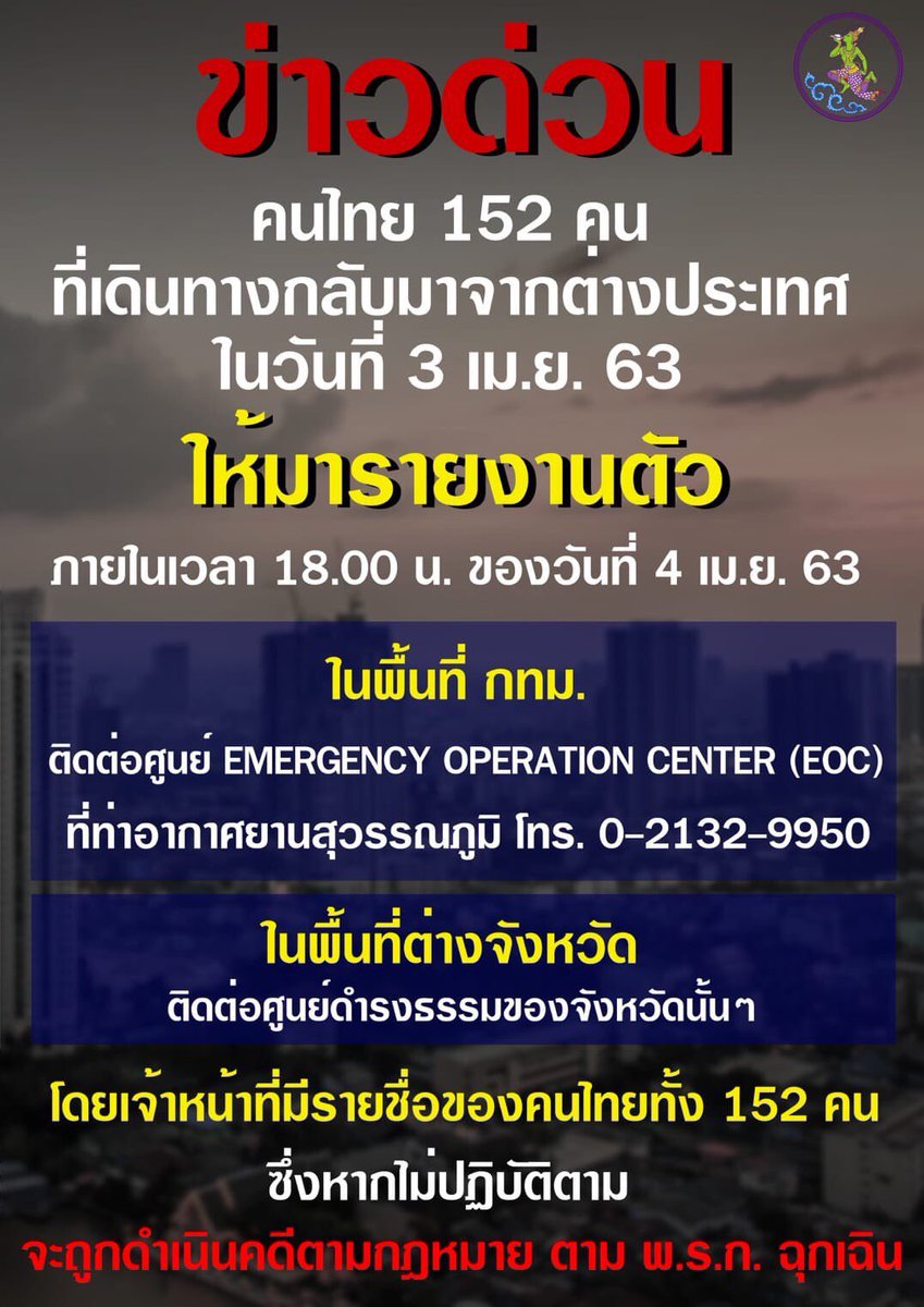 DrRungC's tweet photo. ด่วน! คนไทย 152 คนกลับจากต่างประเทศ 3 เม.ย. 63 ให้รายงานตัว ณ ศูนย์ปฏิบัติการภาวะฉุกเฉิน EMERGENCY OPERATION CENTER (EOC) ภายใน 18.00 น 4 เม.ย. 63/ในกทม.ติดต่อ ศูนย์ EOC ท่าอากาศยานสุวรรณภูมิ  โทร. 0-2132-9950/063-234-4734  ในต่างจังหวัด  ติดต่อศูนย์ดำรงธรรม จังหวัดนั้นๆ https://t.co/uCrQJh20in