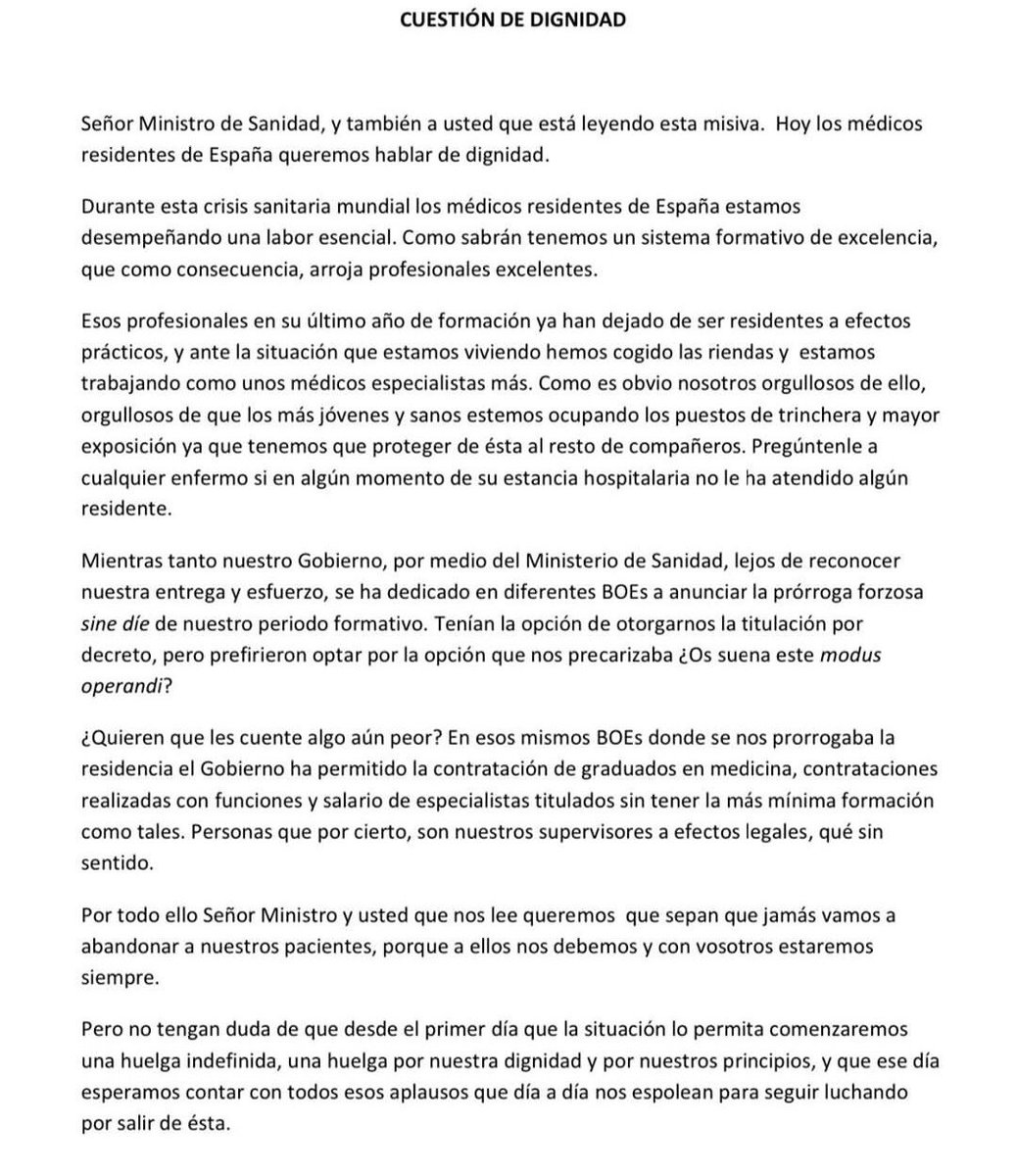 MdcnCabreada's tweet photo. CUESTIÓN DE DIGNIDAD

ESTA ES LA CARTA QUE HAN ESCRITO L@S MÉDIC@S RESIDENTES ANTE LA SITUACIÓN ACTUAL. QUIEREN HABLAR DE DIGNIDAD, Y NADIE SE LO VA A IMPEDIR https://t.co/t2aSQiFy4X