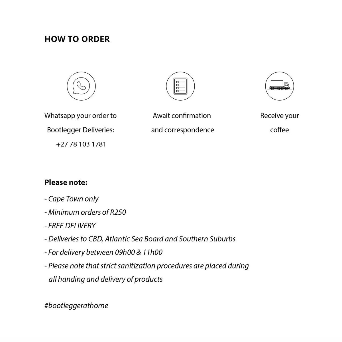 We’re approved to deliver beans to our fans during lock down 🚛

Our blend is 100% Arabica, medium roasted beans &amp; are Rainforest Alliance Certified. 

Please Note:
- Starting Saturday 4 April 2020
- Cape Town Only
- Delivery is FREE
- Whatsapp on +27781031781

#bootleggerathome