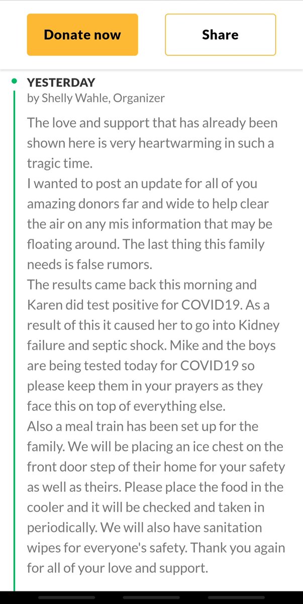 March 14th: *posted COVID-19 hoax, anti-socialism rant on FB*April 2nd: *died of COVID-19, family asking for GoFundMe donations*I post this not to mock Karen Kolb Sehlke's death, but to underscore the tragic risk one takes when taking this pandemic for granted.  #RIP  #StaySafe