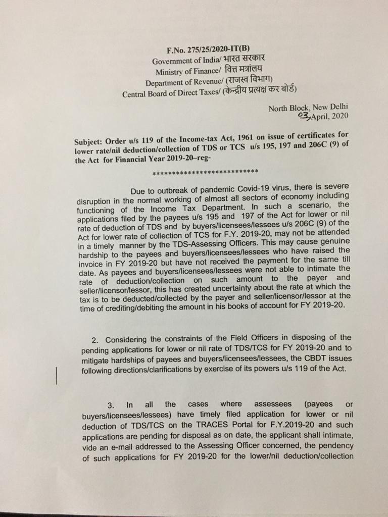 Income Tax India In View Of The Hardships Faced By Taxpayers Due To The Covid 19 Pandemic Cbdt Issues Notification Dated 03rd April Easing The Process Of Issue Of Certificates