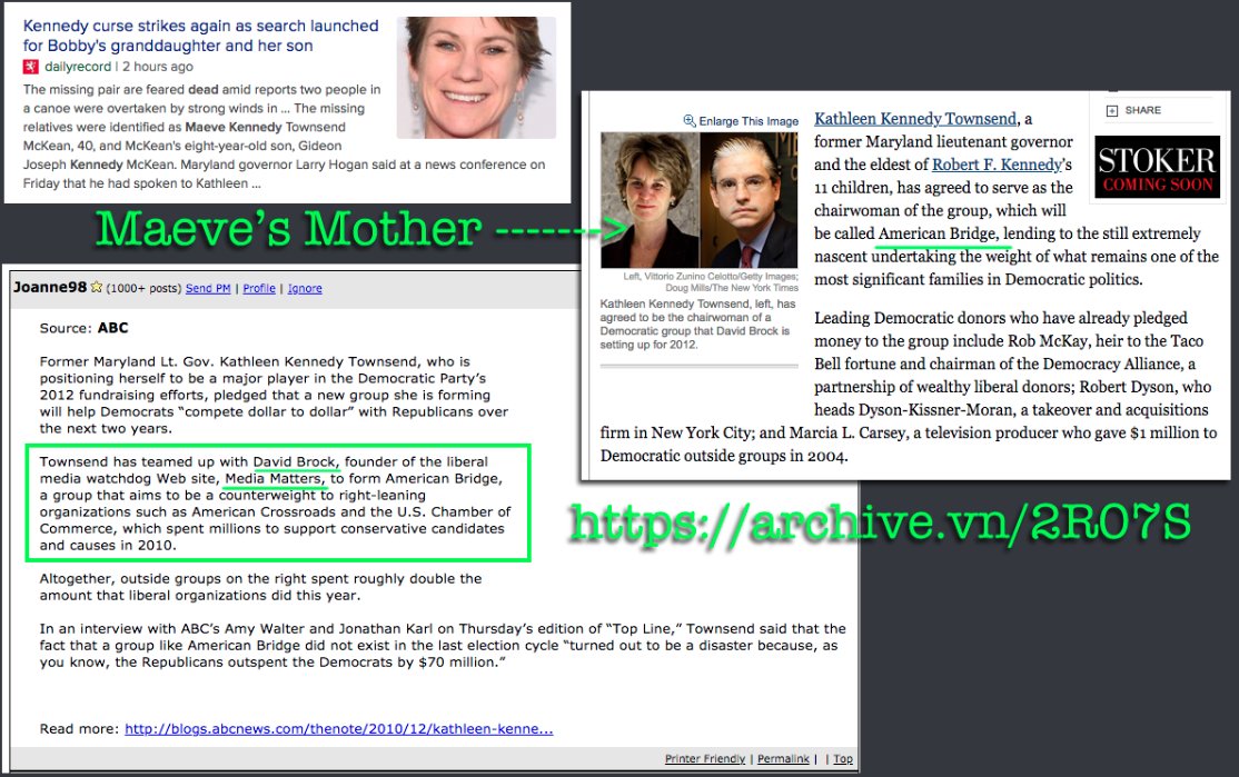 Kathleen Kennedy Townsend.Mother of Maeve Kennedy Townsend McKean.Chairwoman of AMERICAN BRIDGE.Really close with DAVID BROCK of Media Matters. #Qanon> https://archive.vn/IjWaD > https://archive.vn/2R07S 