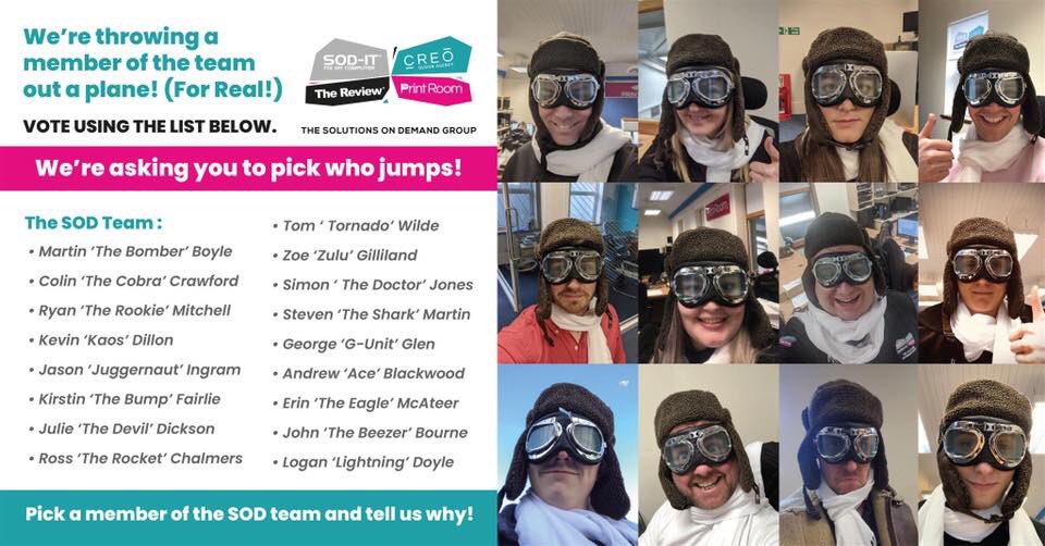TheSODGroup's tweet photo. Allow us to cheer you up by helping us decide on who we throw out of a plane!

When we all worked in the same office, we agreed as a team (and for a bit of banter) that we would put it out to the public to vote who has to jump out a plane. https://t.co/hv7D4rO6GI