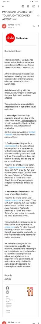 It’s been almost a fortnight since our flight AK63 to Kuala Lumpur was cancelled on account of the  #COVID19Pandemic . As communicated by  @AirAsiaSupport we opted for a full refund. However, we have not received any response to our mails, calls or attempts to use the AVA chat.