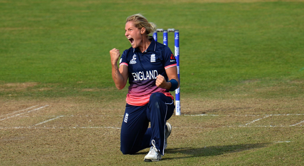 Fast bowlers fist-pumping, a thread  First up, here's Katherine Brunt putting every sinew into it.