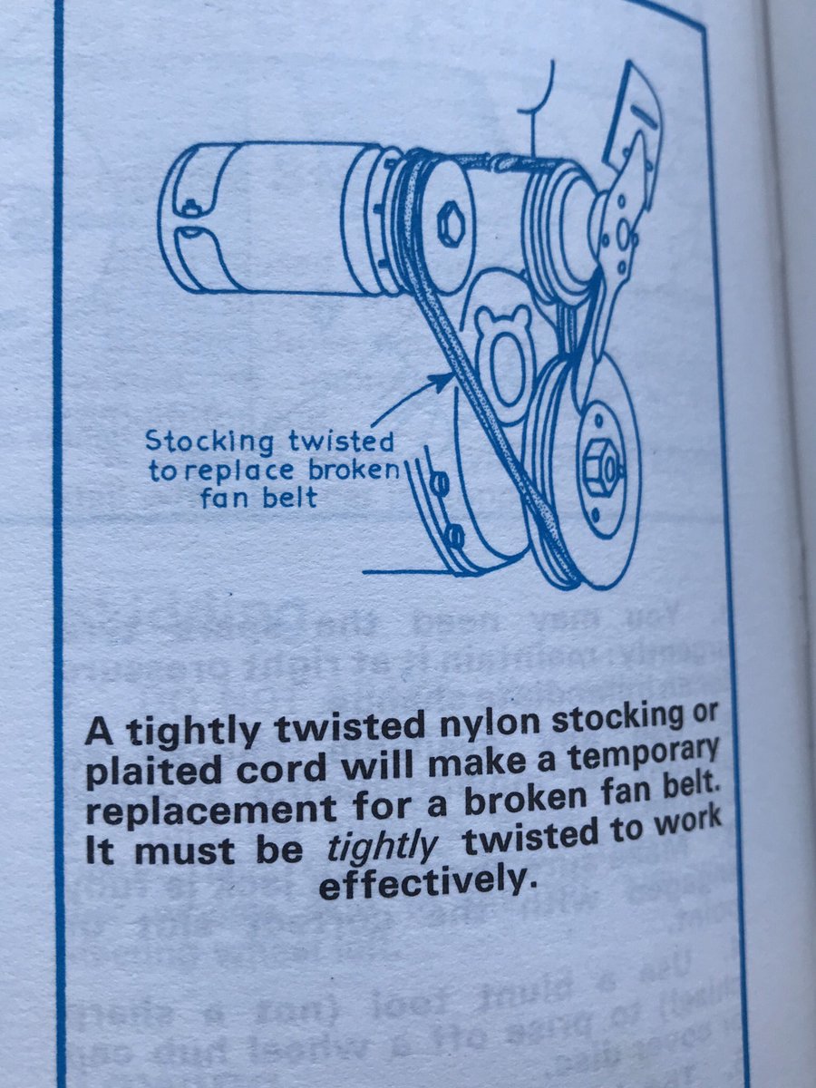It’s a trope in old movies that you can use a pair of tights to fix a car’s fan belt, but this book actually shows you how to do it.