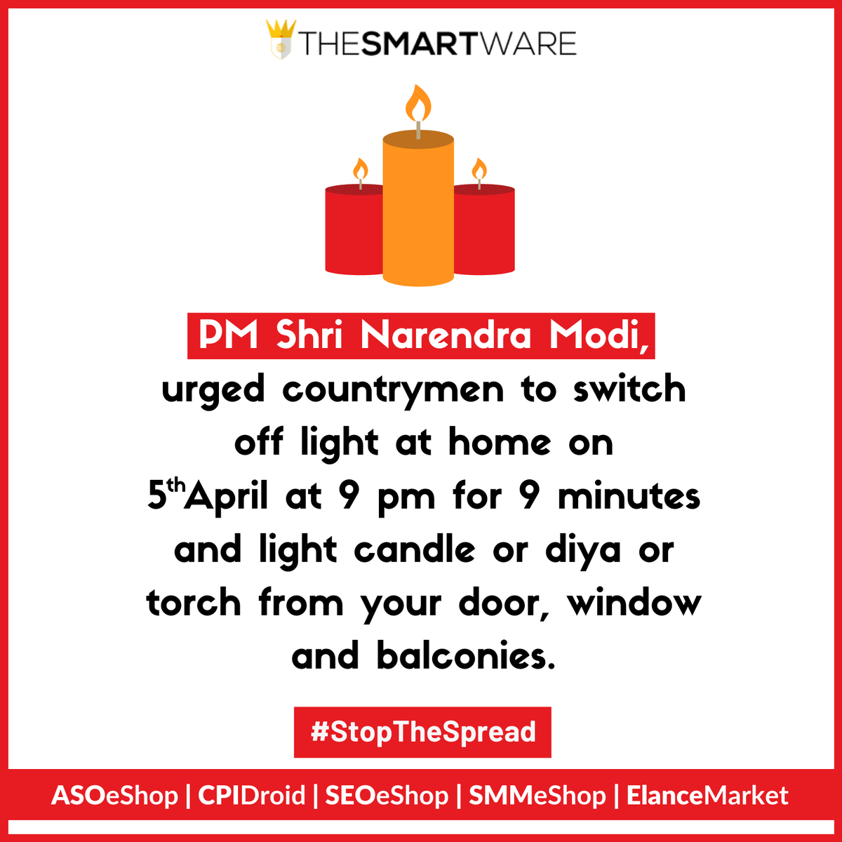 SmartXaaS's tweet image. PM Shri Narendra Modi, urged countrymen to switch off the light at home on 5 April at 9 pm for 9 minutes and a light candle or Diya or Torch from your door, window and balconies
.
.
.
#TSW #CoronaAlert #IndiaFightsCorona #StopTheSpread #COVID2019 #CoronavirusLockdown #5ThApril9PM