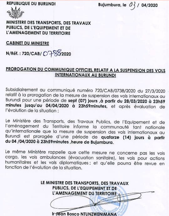  En raison toujours de la menace du  #COVID19, l’Aéroport International Melchior Ndadaye reste fermé aux vols commerciaux.  Prorogation de 14 jours à partir de ce 04 avril 2020 #Burundi  #PreventCOVID19Spread
