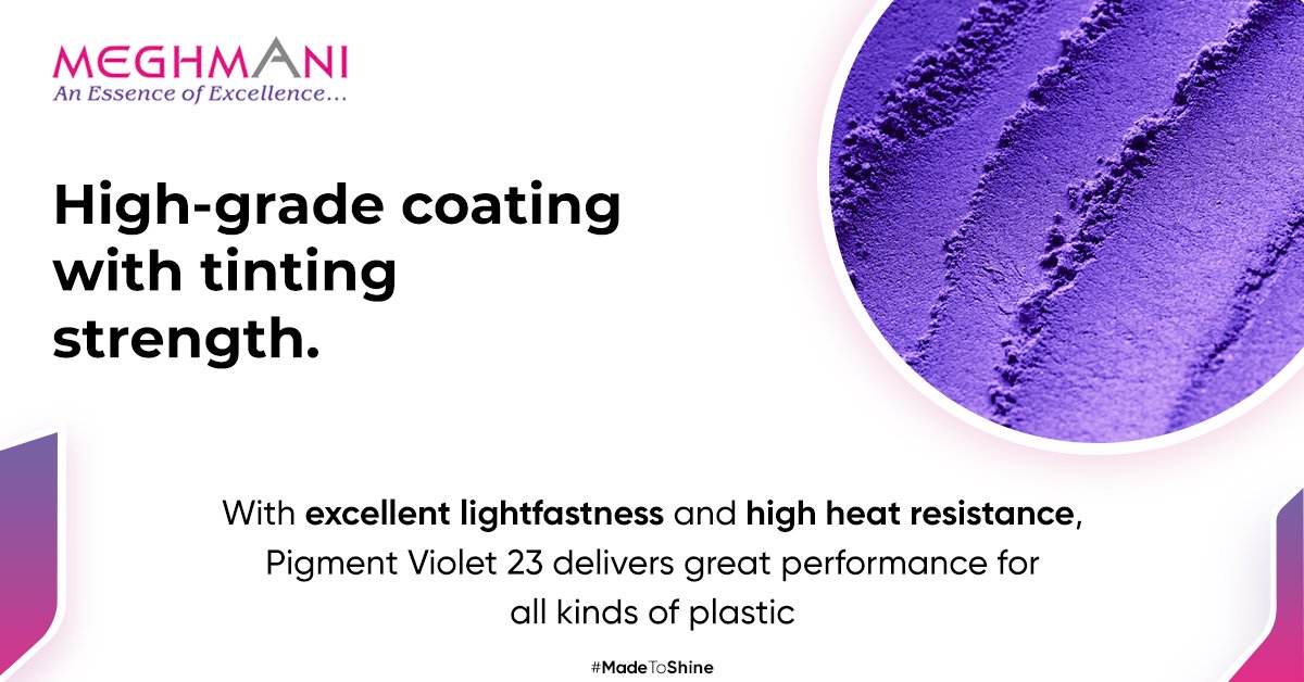 Meghmani5's tweet image. Meghmani's #Violet23 is a versatile pigment that delivers high-grade coating with excellent #LightFastness &amp;amp; #HeatResistance for all kinds of #Plastic.

To know more, please visit: bit.ly/MeghmaniPigmen…

#Meghmani #MeghmaniPigments #Pigments #PigmentProperties #PlasticIndustry