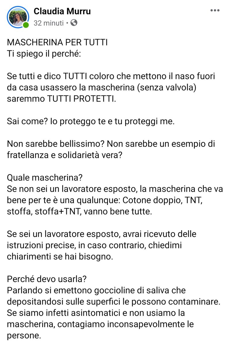 insopportabile's tweet photo. Dalle parole di @claudiamurrumd, Medico Spec. in Igiene e Medicina Preventiva.
"MASCHERINA PER TUTTI, ti spiego il perché: se TUTTI coloro che mettono il naso fuori da casa usassero la mascherina (senza valvola) saremmo TUTTI PROTETTI. Io proteggo te e tu proteggi me." https://t.co/ZBgrLGlPvD