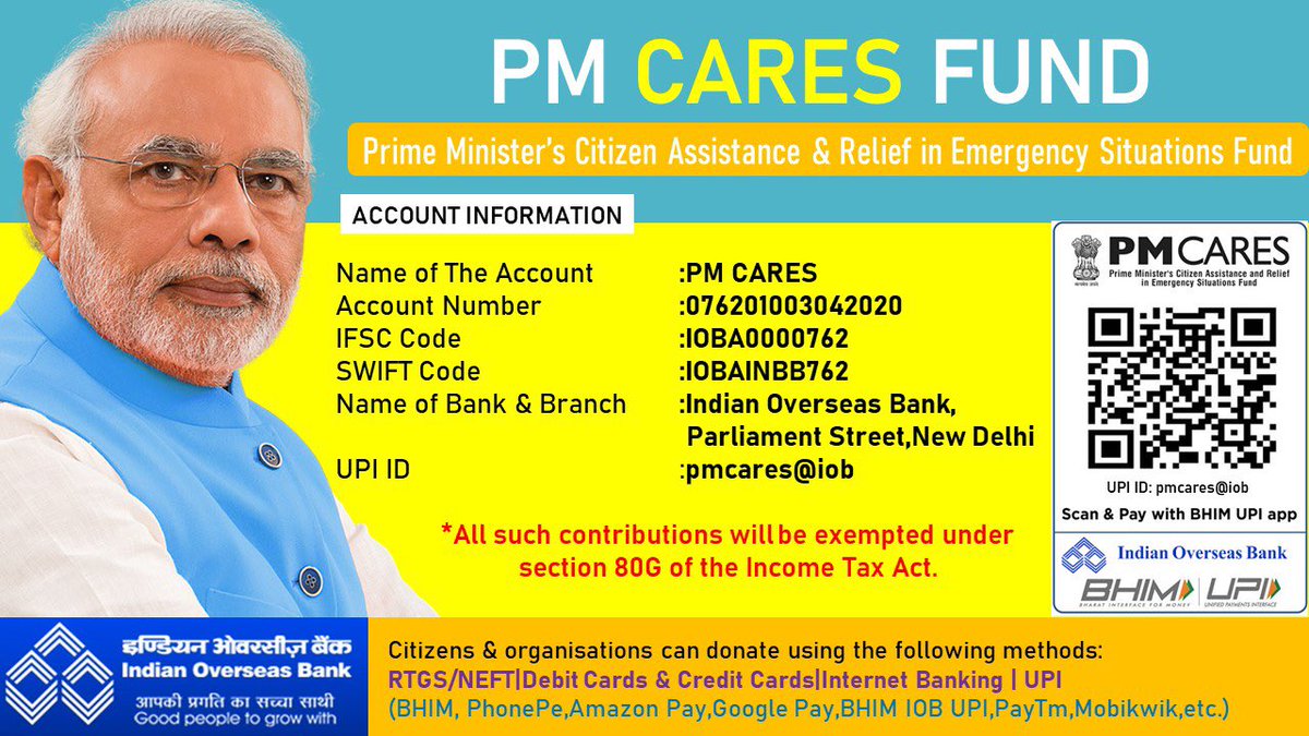 sssSubodh's tweet photo. Help government to fight against Covid-19.
Contribute to PM CARES FUND @IOBIndia @narendramodi https://t.co/XrNq9fv4Fc