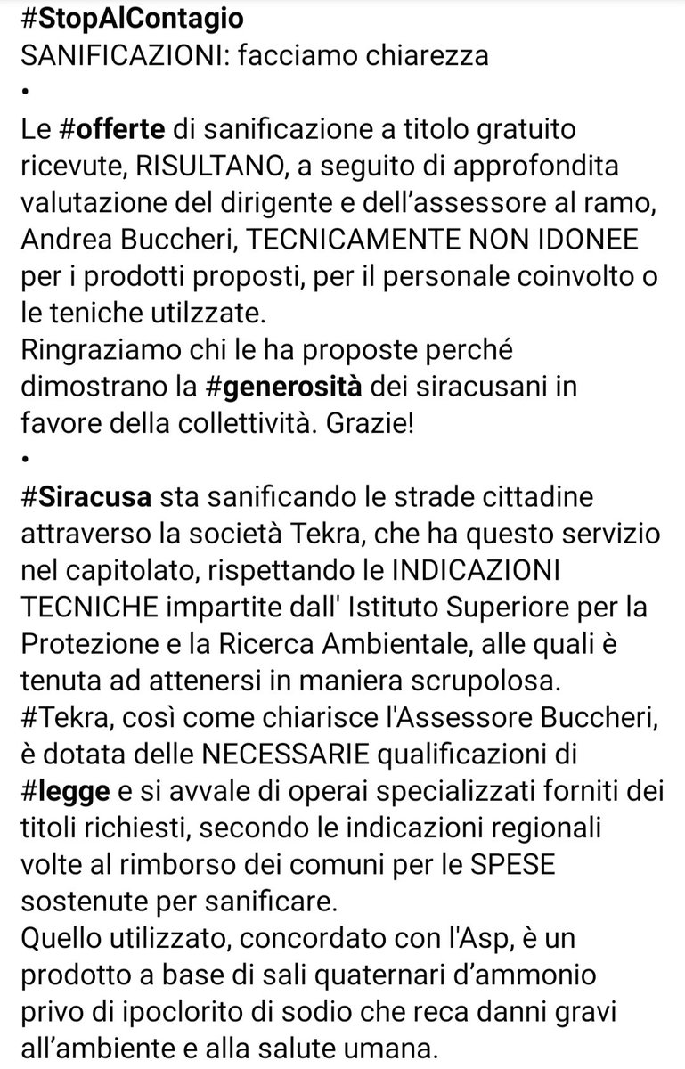 italiasindaco's tweet photo. #StopAlContagio
SANIFICAZIONI: facciamo chiarezza 
Le #offerte di sanificazione a titolo gratuito ricevute, RISULTANO, a seguito di valutazione del dirigente e dell’assessore Buccheri, TECNICAMENTE NON IDONEE per i prodotti proposti, per il personale e per le teniche utilzzate. https://t.co/wCEJEqMMJa