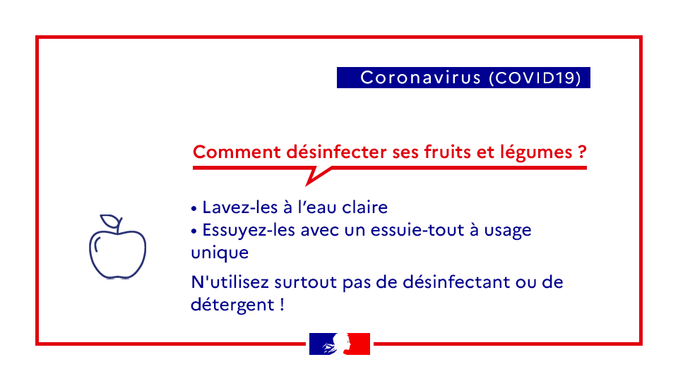 Sante_Gouv's tweet photo. #CORONAVIRUS #COVID19 | Vos questions
Comment désinfecter ses fruits et légumes ?
1️⃣ Lavez-les à l’eau claire 
2️⃣ Essuyez-les avec un essuie-tout à usage unique
❌N'utilisez surtout pas de désinfectant ou de détergent 

➕ d'infos avec l' @Anses_fr https://t.co/SVK76E1RWT