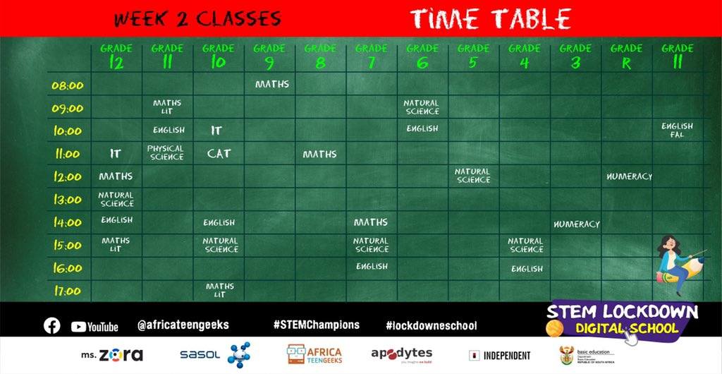 africateengeeks's tweet photo. Next week #LockdowneSchool timetable is ready. We are still recruiting for #STEM teachers in the lower grades. Interested teachers please email us on lockdowndigitalschool@gmail.com #Stemchampions #girlswhocode #womenintech #lockdownsa @tumisole @apodytesZA @ElijahMhlanga https://t.co/ZXJ9r99CLX
