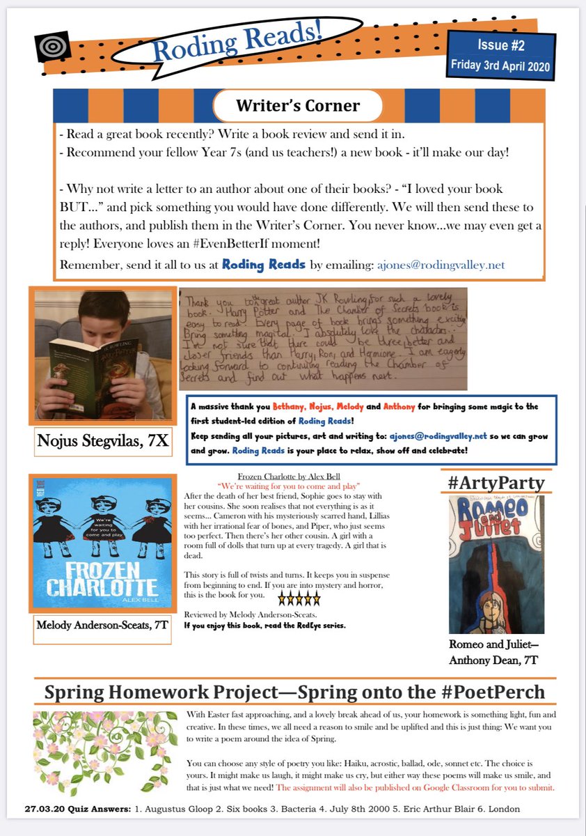 RodingValleyHS's tweet photo. Issue #2 of #RodingReads ๐ Jam packed full of info, guidance, fun stuff, advice, recommendations, challenges... get #reading #KeyToSuccess #StayHome #StaySafe #ReadABook #Escape #Learn #Grow #Literacy #LiteracySkills #LoveReading #LoveLearning #BookWorm ๐ #WashYourHands ๐ https://t.co/3V0MDgelfN