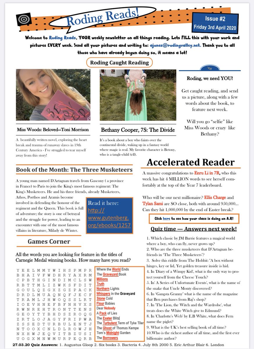 RodingValleyHS's tweet photo. Issue #2 of #RodingReads ๐ Jam packed full of info, guidance, fun stuff, advice, recommendations, challenges... get #reading #KeyToSuccess #StayHome #StaySafe #ReadABook #Escape #Learn #Grow #Literacy #LiteracySkills #LoveReading #LoveLearning #BookWorm ๐ #WashYourHands ๐ https://t.co/3V0MDgelfN