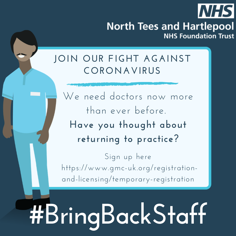 NTeesHpoolNHSFT's tweet photo. Now more than ever we need to strengthen our workforce - we’re asking retired nurses, doctors and AHPs to sign up and join our fight against coronavirus. Follow the relevant links to update registry and then e-mail nth-tr.helpourtrust@nhs.net. 👊💗 #BringBackStaff #InThisTogether https://t.co/49xTom1RAt