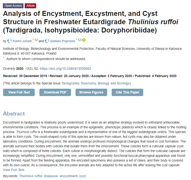 DiversityMDPI's tweet photo. #DiversityMDPI Publication 
Analysis of #Encystment, Excystment, and #Cyst Structure in Freshwater Eutardigrade #Thulinius #ruffoi (Tardigrada, Isohypsibioidea: Doryphoribiidae)
https://t.co/FKRMKOlKHW https://t.co/H6l3oAaVQB