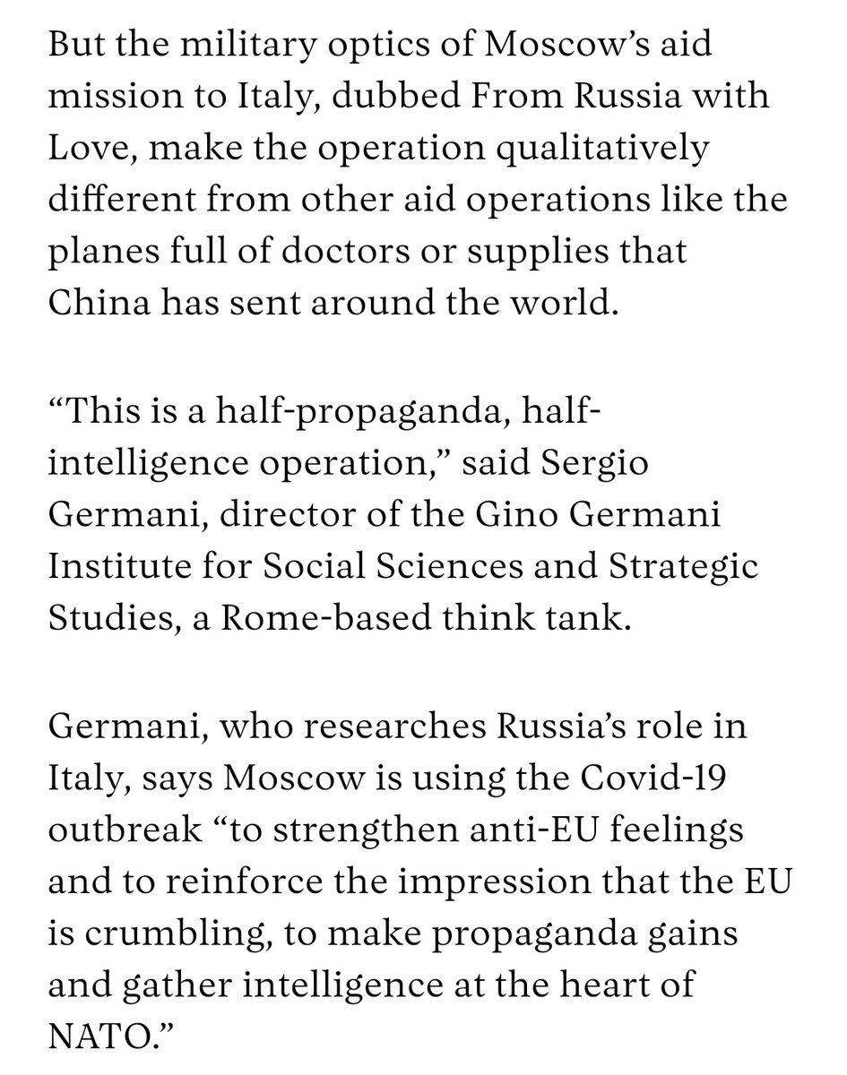 An English-language version of some of his reporting with  @antelava is available here:  https://www.codastory.com/disinformation/soft-power/russia-coronavirus-aid-italy/It quotes chemical weapons expert and former NATO commander  @HamishDBG and researcher Sergio Germani to say this is likely a Russian intelligence-gathering operation
