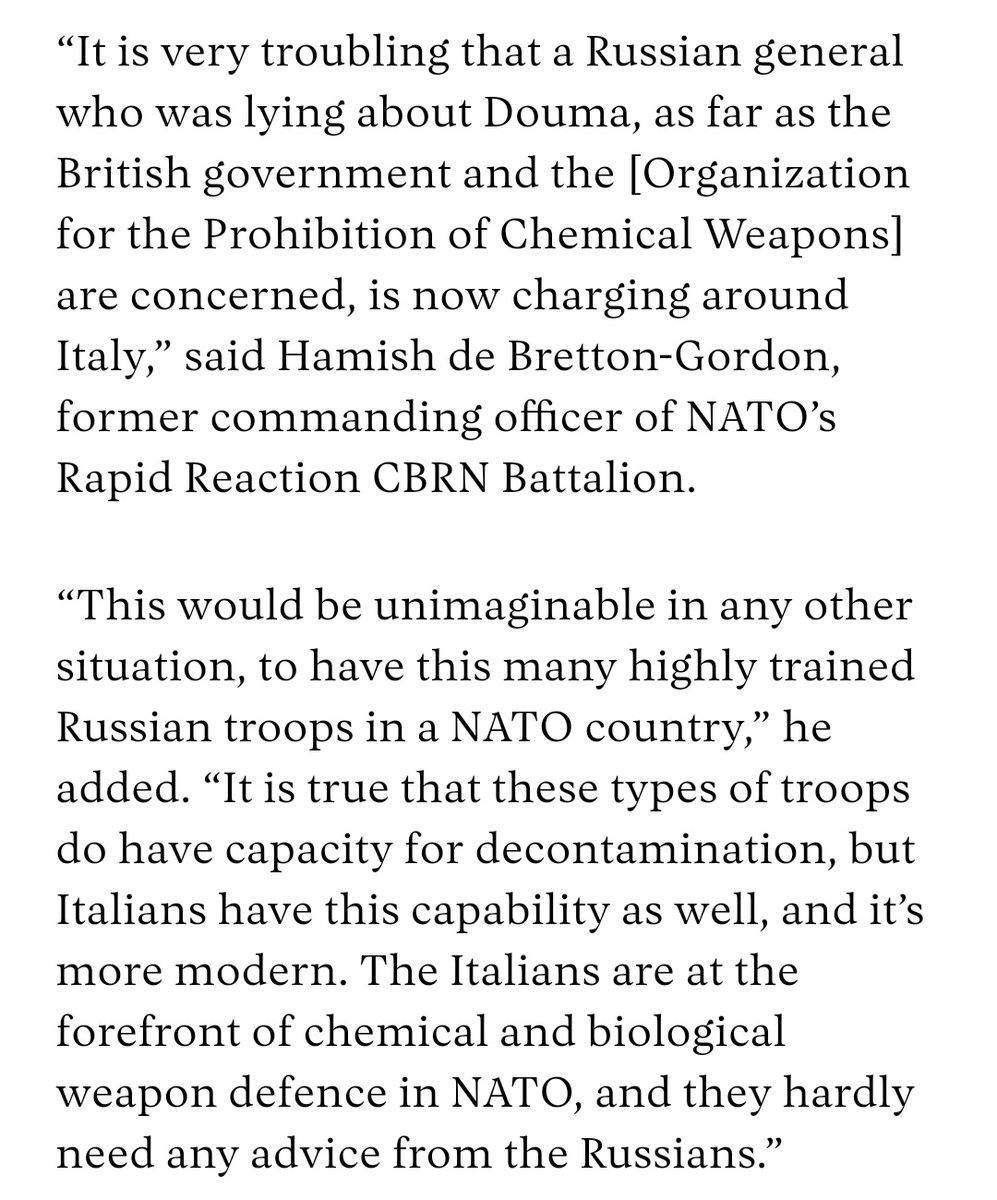 An English-language version of some of his reporting with  @antelava is available here:  https://www.codastory.com/disinformation/soft-power/russia-coronavirus-aid-italy/It quotes chemical weapons expert and former NATO commander  @HamishDBG and researcher Sergio Germani to say this is likely a Russian intelligence-gathering operation