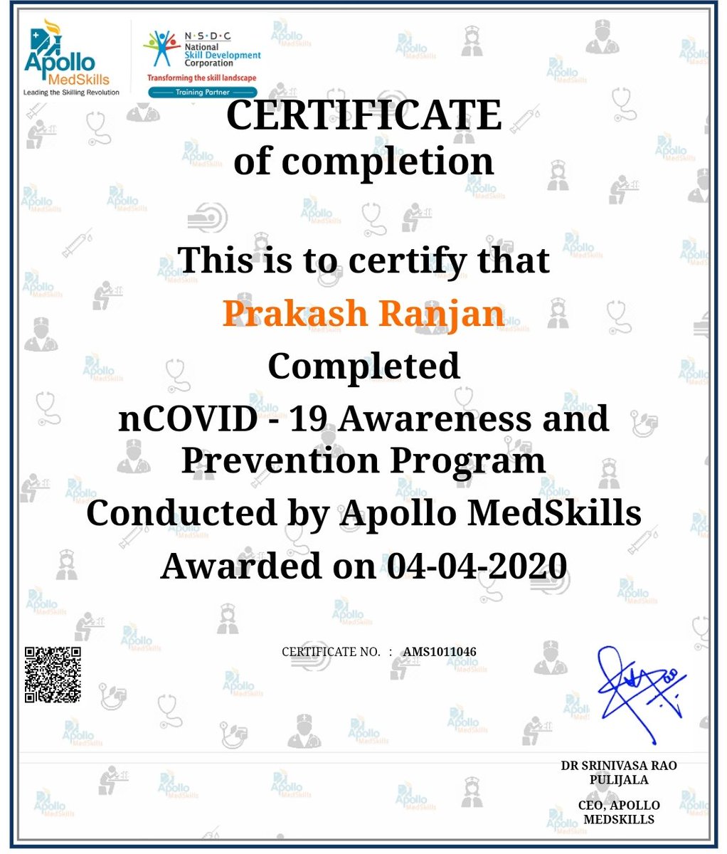 prakashpataniya's tweet photo. Happy to complete another online learning course titled 'nCOVID-19 Awareness and Prevention program' from #ApolloMedSkills and #NSDC while #StayingHome. 
#UtilizingTime
#SelfLearning
#LockDownDiaries 

@c3_india https://t.co/I7Clp86PrA