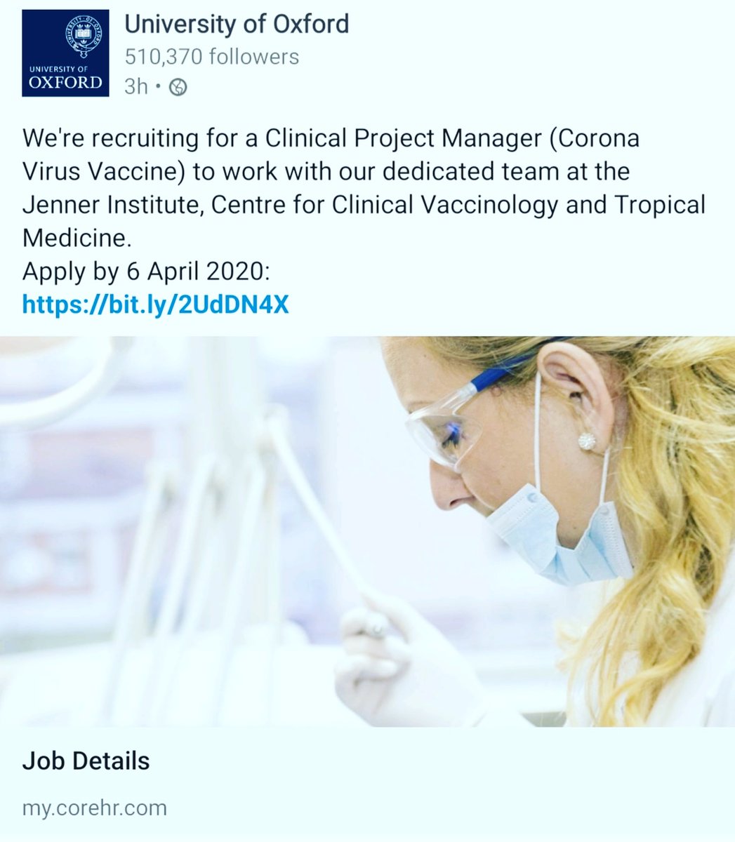 uktech1's tweet photo. 🇬🇧✌🌎Know anyone? Oxford University needs a Project Manager for a Corona Virus Vaccine to manage clinical trials &amp; manufacturing &amp; vaccinology
@GWH_NHS
@UniofOxford
@swindonadver @BBCWiltshire
@timesofindia @GovernmentZA
@ukhomeoffice
#CoronaVirusPandemic
https://t.co/4BMTKeTFS0 https://t.co/UToKp71MgX