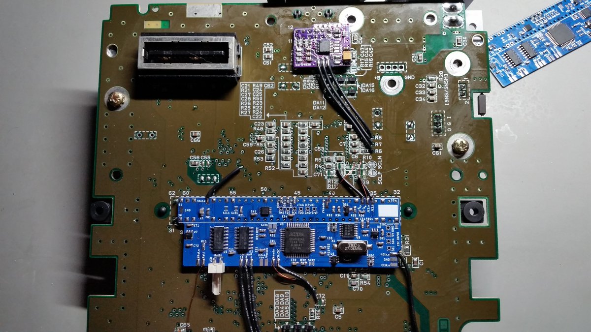 unmaker64's tweet photo. Installed @borti4938 's multi-region/dejitter and RGB bypass boards into a 1CHIP-03 https://t.co/JIZA2brhZT