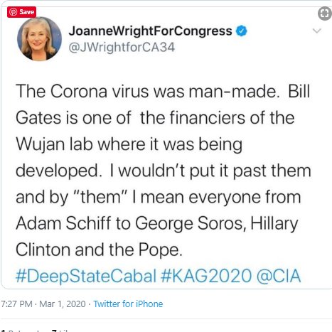 13/ shared by a real life candidate for congress Joanne Wright. Remember, this one suggested Corona was man-made, financed by Bill Gates. Adam Schiff, George Soros, Clinton and the Pope were also involved.... #yikes  #coronaconspiracies
