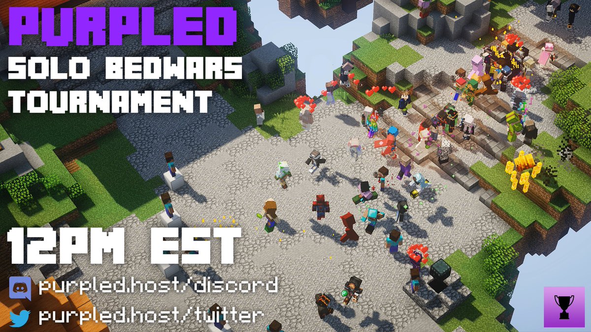 purpledtourneys's tweet photo. 🏆 @burpled's Solo Bedwars Tournament signups start in less than two hours! Check out our discord for more information and for how to enter! See you there! 

https://t.co/FCiFy33WmN https://t.co/V9taSnEp4N