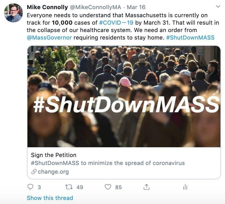 MikeConnollyMA's tweet photo. On March 16, I called on @MassGovernor to #ShutDownMass, warning that we were on track for 10,000 cases of #COVID19 by the end of the month. At the time, there were 197 confirmed cases in the state. Regrettably, as of yesterday, the official count has now exceeded 10,000. #thread https://t.co/iYGgvroxRO