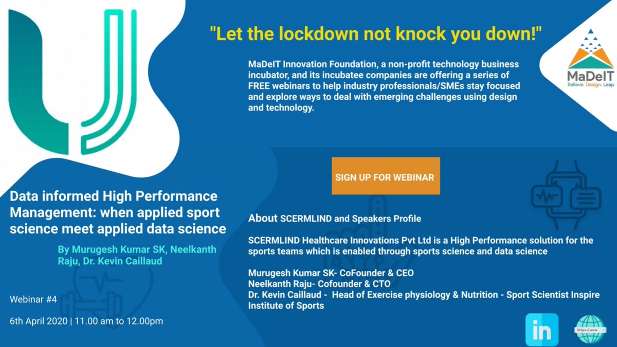 URUFIT3's tweet photo. Don't let the lockdown knock you down!
Register for the webinar on "Data informed High Performance Management: When Applied Sport Science meet Applied Data Science" by #URUFIT Co-Founders- Murugesh, Neel and @KCaillaudPhD from #IIS.
#MaDeIT #IIITDM
https://t.co/vUxgl32iUI https://t.co/iXT3qA5wna
