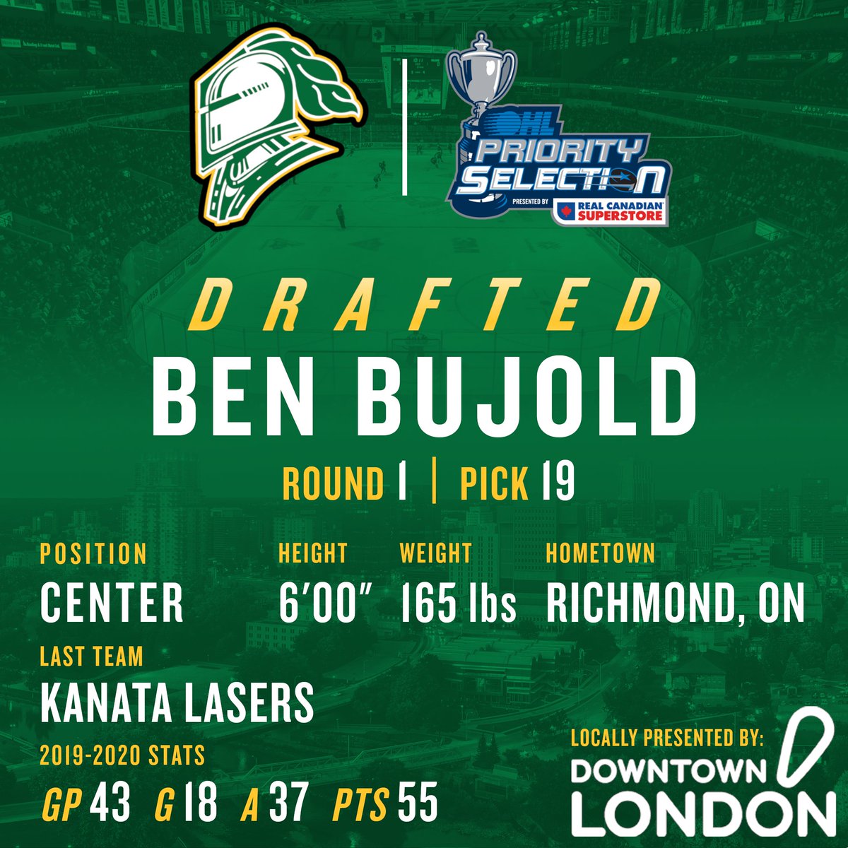 The London Knights are proud to select Ben Bujold with the 19th pick in the #OHLDraft, locally presented by <a href="/Downtown_London/">Downtown London</a>⚔️