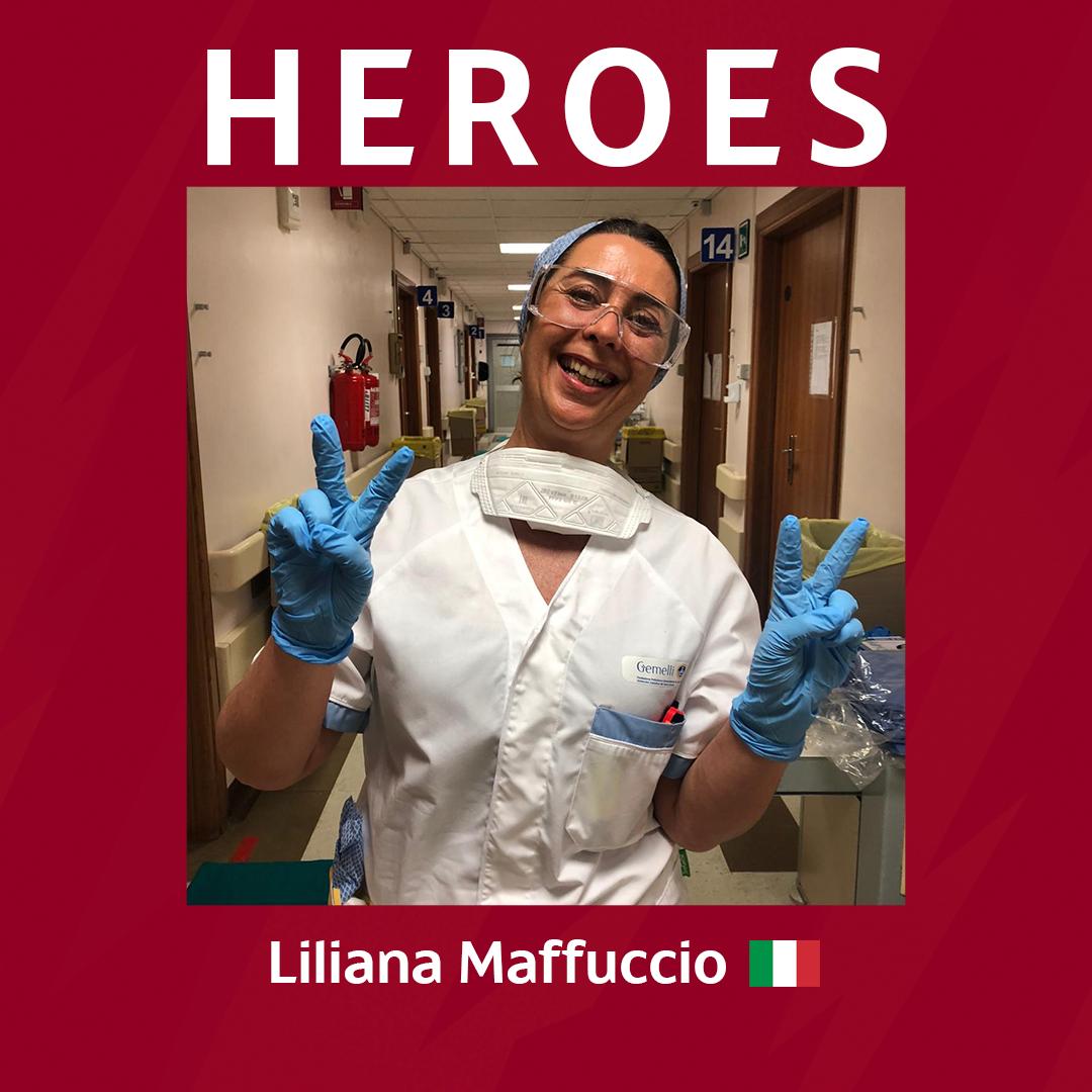 ASRomaEN's tweet photo. Liliana Maffuccio, 50, has been working as a nurse for almost 30 years in the intensive care ward of the Agostino Gemelli Hospital in Rome. Every day she's on the frontline in the fight against Covid-19. We appreciate her bravery! ✌️ Email work@asroma.it to nominate a hero medic! https://t.co/9Ya1MExDD5