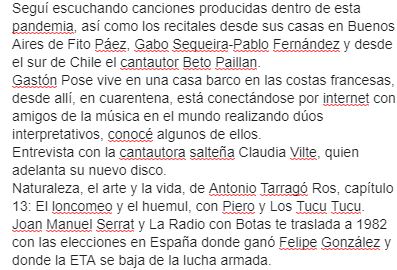 #Sábado Tercer Programa especial desde casa de Un Canto Se Hace Al Viento, en cuarentena total.
¡16 horas! FM 88.3 latecno.com.ar
Conduce: <a href="/FernandoPelleg/">Fernando Pellegrini</a>