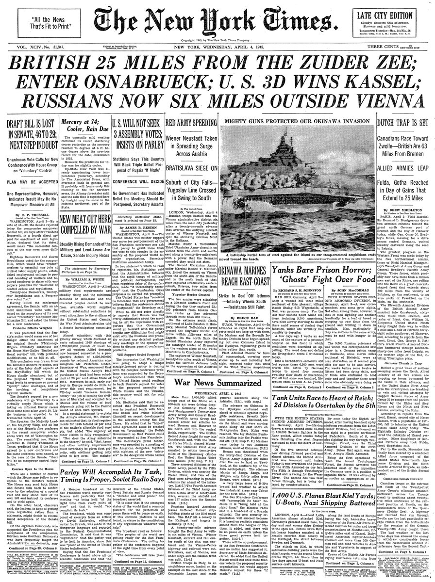 April 4, 1945: British 25 Miles From the Zuider Zee; Enter Osnabrueck; U.S. 3D Wins Kassel; Russians Now Six Miles Outside Vienna  https://nyti.ms/2x1Lna0 