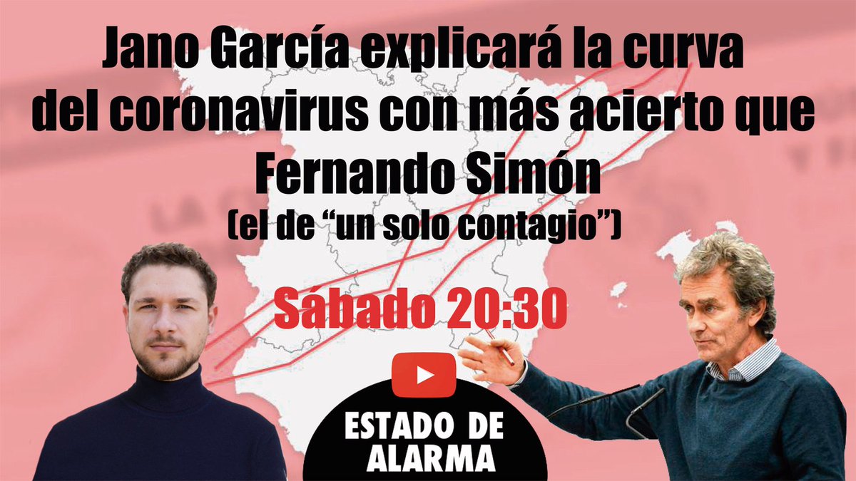 EstadoDAlarmaTV's tweet photo. 🚨 El libre pensador @janogarcia_ uno de los primeros en alertar sobre el peligro de esta pandemia, nos va a explicar esta noche en @EstadoDAlarmaTV Saturday Night Live lo que Fernando Simón no supo, la curva del coronavirus y sus consecuencias.
#ParejaTóxicaSanchezIglesias https://t.co/qb5tMAKPYG