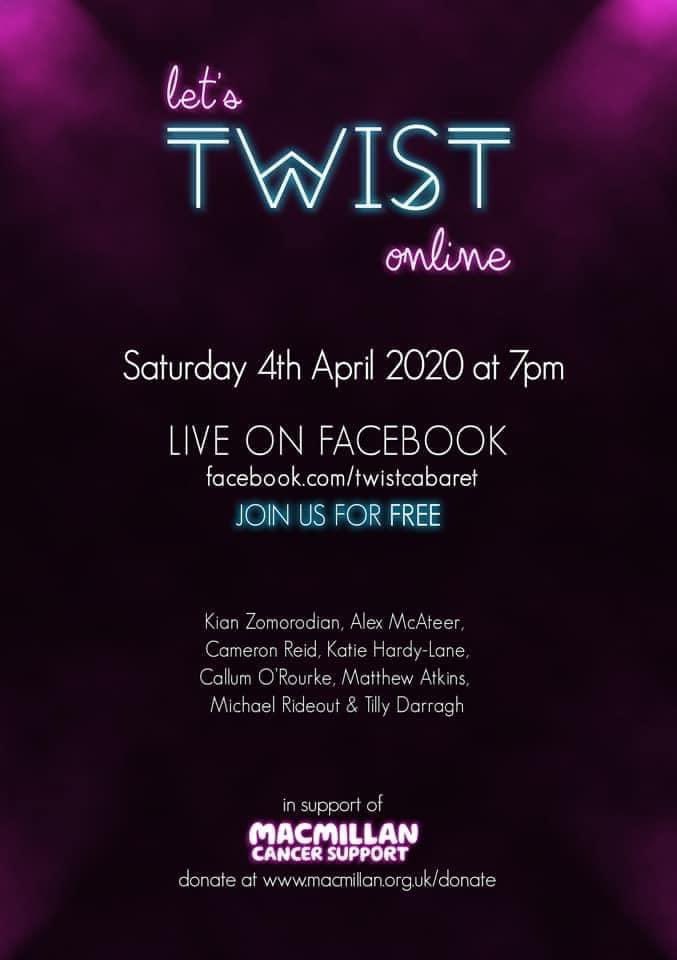 thatstageyblog's tweet photo. Check out @twistcabaret tonight online at 7pm LIVE on Facebook.
Ft.
@kzomo95
#AlexMcAteer
#CameronReid
@hardylane
@CallumORourke
@matkinscomposer
@MichaelJRideout
#TiltDarragh
In support of
@macmillancancer
https://t.co/QgY0loudMa https://t.co/xeTrKNtQUE