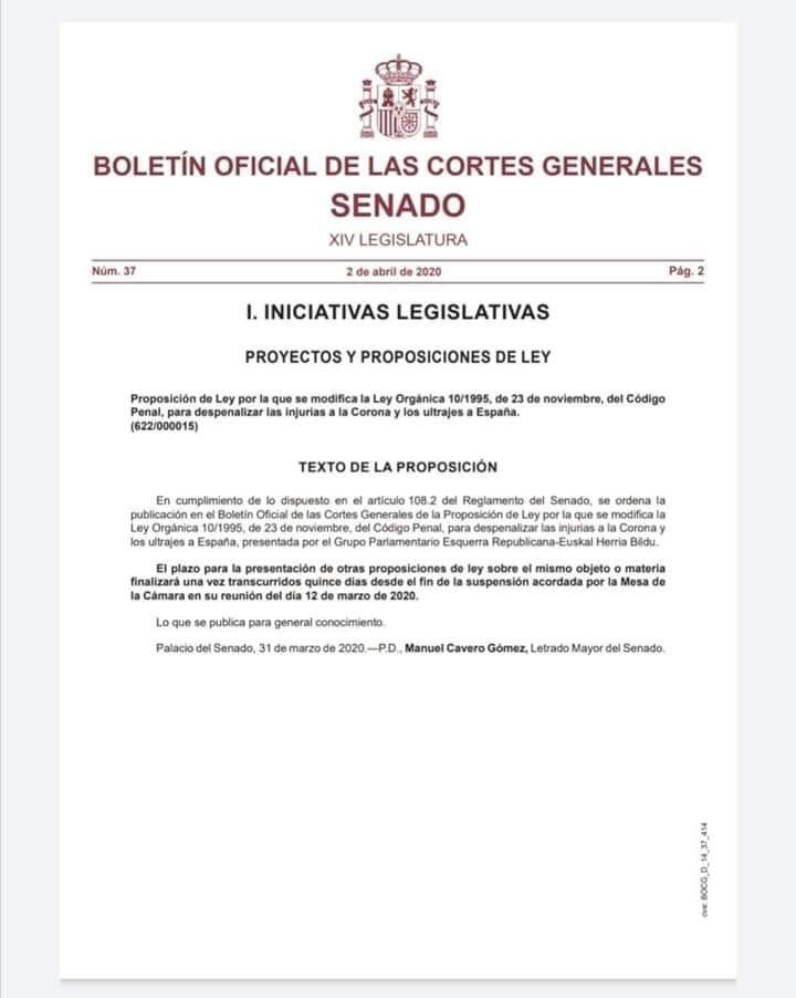 MANUGARCIA71's tweet photo. Una cosilla sin importacia...Mientras estamos confinados, el 2 de abril de 2020, presentan proposicion de Ley para despenalizar las injurias contra la Corona y los Ultrajes a España. 
Lo proximo será despenalizar la Sedicion. https://t.co/yKu0v4wS5i