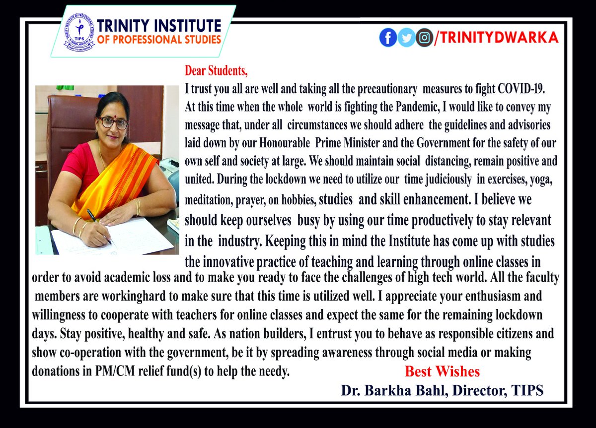 TrinityDwarka's tweet photo. STAYING POSITIVE: Amidst the COVID-19 lockdown, Dr. Barkha Bahl, Director TIPS writes a motivational message to students.
#StaySafe #UtiliseTime
#OnlineClasses #InnovationTIPS
#TrinityDwarka https://t.co/iwuHavDVi0