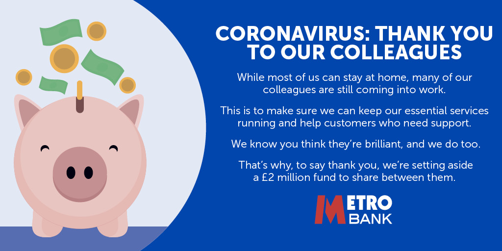 Metro_Bank's tweet photo. To keep our essential services running for customers who need us, we are relying on some of our colleagues to come into work. We couldn’t be more proud of the brilliant job they’re doing. https://t.co/yp4OzEvUmU