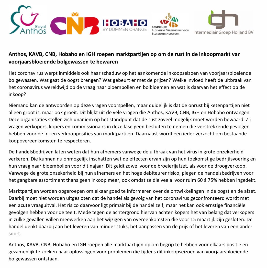 vhkaar's tweet photo. Nu een epidemie is uitgebroken, bestrijden wij mondiaal het coronavirus. Eensgezindheid is wat van iedereen wordt gevraagd. Wij hebben als marktpartijen in het bloembollenvak bijgaande verklaring opgesteld. U kunt mij voor vragen hieromtrent contacten op jeroen@ighbv.nl #IGHbv https://t.co/qhn5m6VmJj