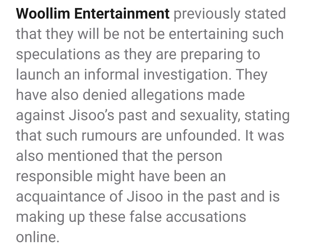 9. jisoo's alleged scandal during debut. woollim took her out of the debut promotions and one comeback after she was accused of sexual abuse, rape, assault & morethis was all proved to be false and woollim did go against the accusers in court but they were aquitted