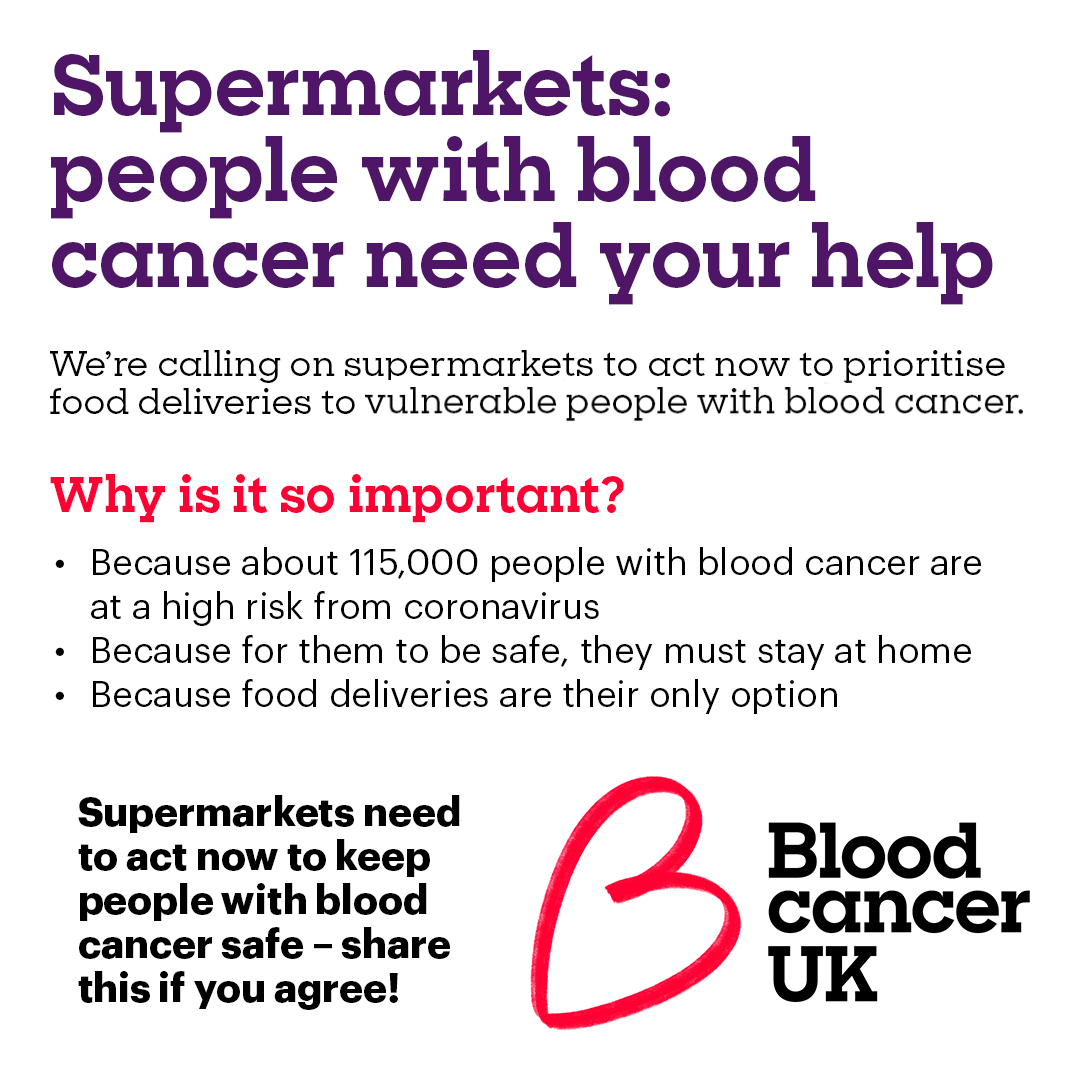 People with  #bloodcancer told us they can't get food deliveries at a time when they should be staying at home and  #shielding.You spoke, we listened – and today we're calling on supermarkets  @Tesco  @Sainsburys  @Morrisons  @ASDA  @jlandpartners  @Ocado to help.Please share & RT