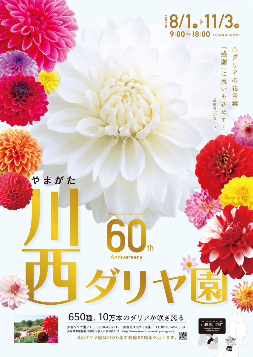 川西町観光協会 山形県の南側 川西ダリヤ園のポスターがー 完成しましたー 今年は白のダリアを中心にしたデザインとなります この白のダリア 花言葉が 感謝 なんです 今年で60周年を迎えるダリヤ園 感謝の気持ちを込めて皆様をお待ちしてます 開園 川西町観光協会 山形県の南側 川西ダリヤ園のポスターがー 完成しましたー 今年は白のダリアを中心にしたデザインとなります この白のダリア 花言葉が 感謝 なんです 今年で60周年を迎えるダリヤ園 感謝の気持ちを込めて皆様をお待ちしてます 開園