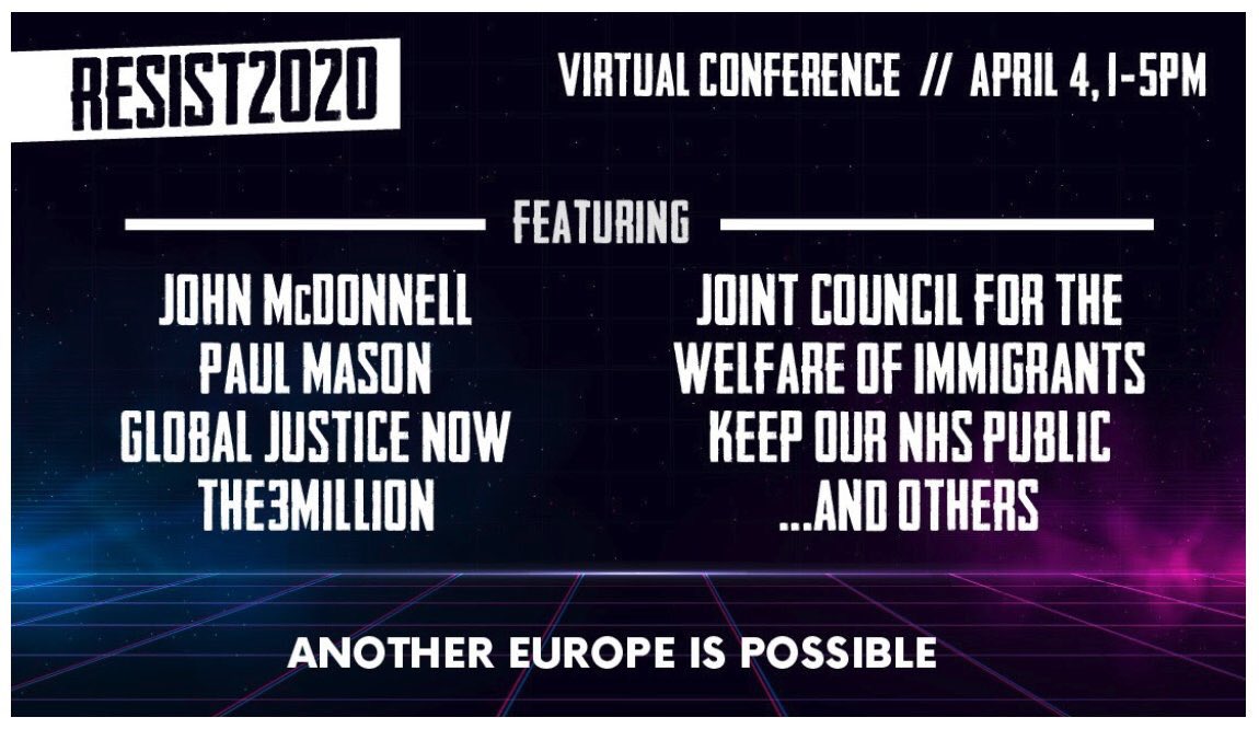 Join today @14h CET #resist2020 the virtual conference by <a href="/Another_Europe/">Another Europe is Possible 🧡</a>  

✔️defending migrants,
✔️saving the planet,
✔️protecting workers’ rights 
✔️reforming democracy

🚩register to join on Zoom 
bit.ly/2X4fIzf