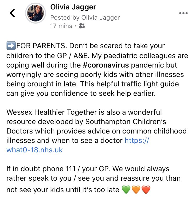 Don’t be scared to take your kids to the GP / A&amp;E. My paediatric colleagues are coping well during the #Coronavirus pandemic. This helpful traffic light guide &amp; website what0-18.nhs.uk provide advice on when to see a doctor &amp; I hope give you confidence to seek help sooner
