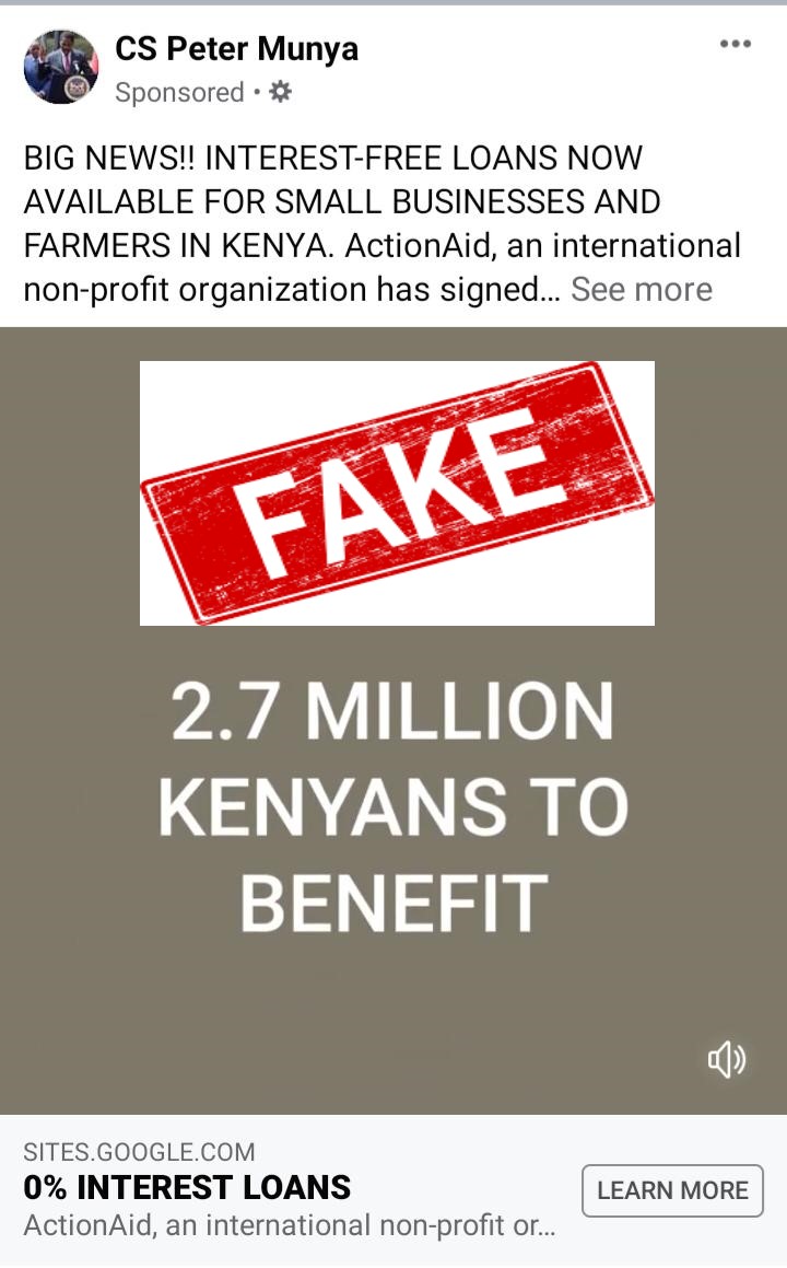 ActionAid_Kenya's tweet photo. Our attention has been drawn to FAKE NEWS circulation on social media that ActionAid has partnered with @kilimoKE to offer loans for SMEs.

Members of the public are advised to regard this as utterly false. We request the Kenyan Govt to act firmly against fake news perpetrators. https://t.co/Hr2n2aBr0W