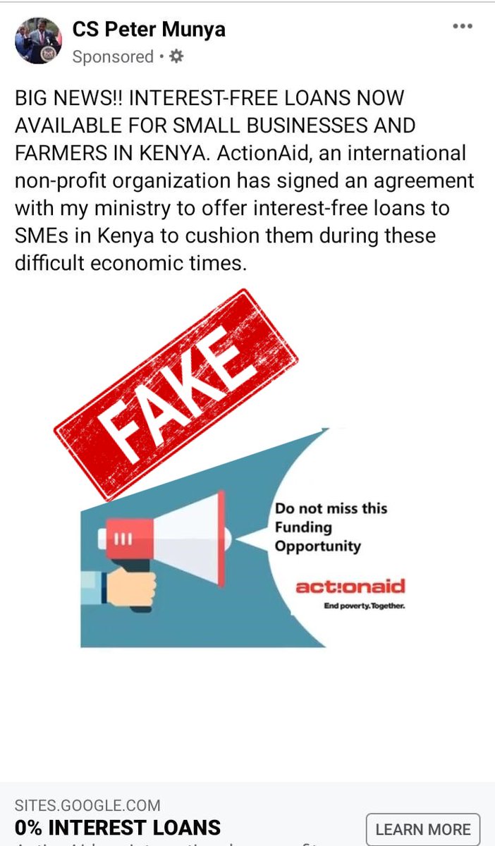 ActionAid_Kenya's tweet photo. Our attention has been drawn to FAKE NEWS circulation on social media that ActionAid has partnered with @kilimoKE to offer loans for SMEs.

Members of the public are advised to regard this as utterly false. We request the Kenyan Govt to act firmly against fake news perpetrators. https://t.co/Hr2n2aBr0W